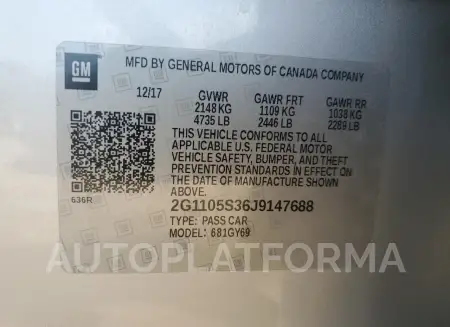 CHEVROLET IMPALA LT 2018 vin 2G1105S36J9147688 from auto auction Copart