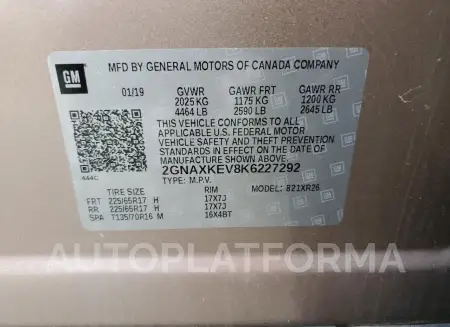 CHEVROLET EQUINOX LT 2019 vin 2GNAXKEV8K6227292 from auto auction Copart