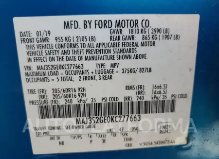 FORD ECOSPORT S 2019 vin MAJ3S2GE0KC277663 from auto auction Copart