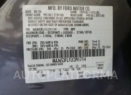 FORD ECOSPORT S 2020 vin MAJ6S3FL7LC391714 from auto auction Copart