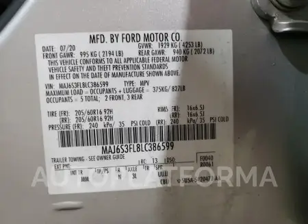 FORD ECOSPORT S 2020 vin MAJ6S3FL8LC386599 from auto auction Copart