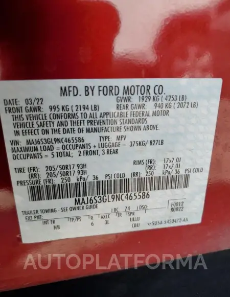 FORD ECOSPORT S 2022 vin MAJ6S3GL9NC465586 from auto auction Copart