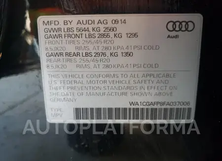 AUDI SQ5 PREMIU 2015 vin WA1CGAFP8FA037006 from auto auction Copart