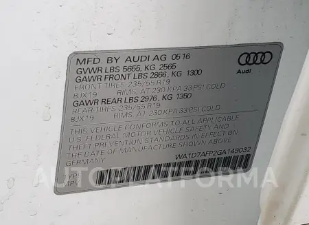 AUDI Q5 PREMIUM 2016 vin WA1D7AFP2GA149032 from auto auction Copart