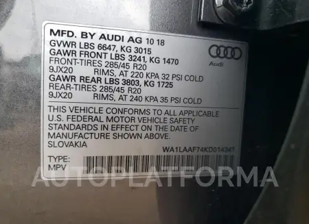 AUDI Q7 PREMIUM 2019 vin WA1LAAF74KD014347 from auto auction Copart