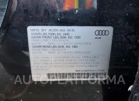 AUDI Q5 PREMIUM 2015 vin WA1LFAFP2FA137265 from auto auction Copart