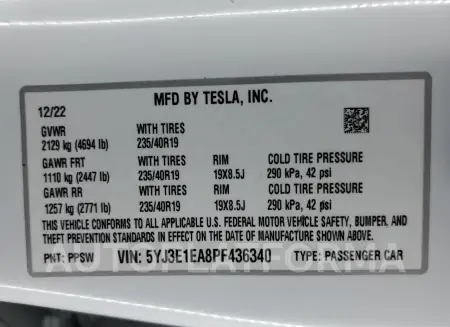 TESLA MODEL 3 2023 vin 5YJ3E1EA8PF436340 from auto auction Copart