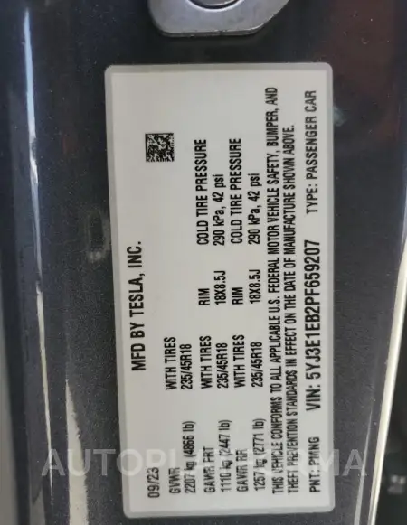 TESLA MODEL 3 2023 vin 5YJ3E1EB2PF659207 from auto auction Copart