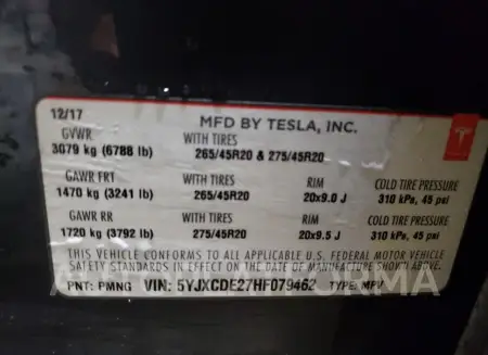 TESLA MODEL X 2017 vin 5YJXCDE27HF079462 from auto auction Copart