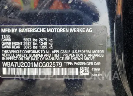 BMW 750 XI 2021 vin WBA7U2C01MCG02579 from auto auction Copart