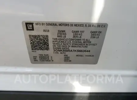 CHEVROLET BLAZER 1LT 2019 vin 3GNKBBRA7KS663644 from auto auction Copart