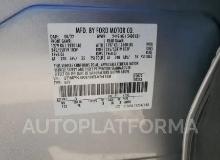 FORD EDGE TITAN 2022 vin 2FMPK4K91NBA94189 from auto auction Copart