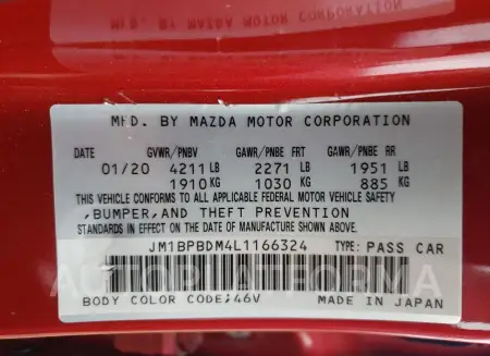 MAZDA 3 PREFERRE 2020 vin JM1BPBDM4L1166324 from auto auction Copart