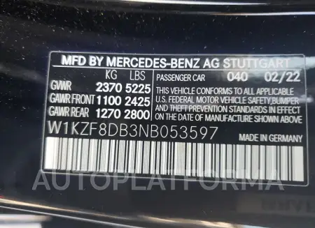 MERCEDES-BENZ E 350 2022 vin W1KZF8DB3NB053597 from auto auction Copart