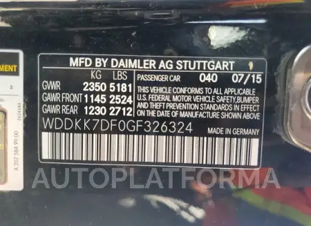 MERCEDES-BENZ E 550 2016 vin WDDKK7DF0GF326324 from auto auction Copart