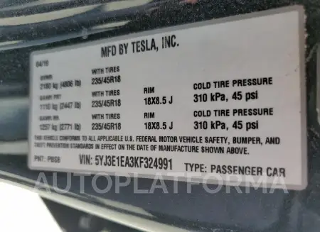 TESLA MODEL 3 2019 vin 5YJ3E1EA3KF324991 from auto auction Copart