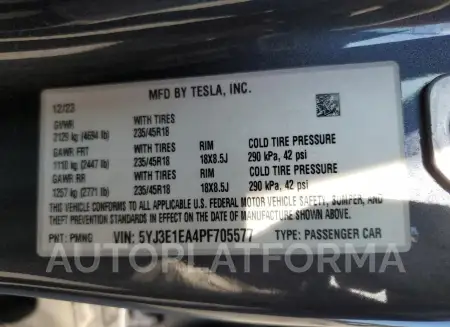 TESLA MODEL 3 2023 vin 5YJ3E1EA4PF705577 from auto auction Copart