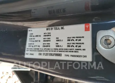 TESLA MODEL 3 2018 vin 5YJ3E1EB0JF096083 from auto auction Copart