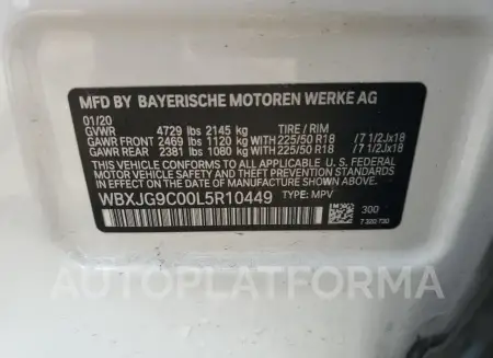 BMW X1 XDRIVE2 2020 vin WBXJG9C00L5R10449 from auto auction Copart