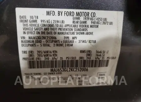 FORD ECOSPORT S 2019 vin MAJ6S3GL2KC252006 from auto auction Copart