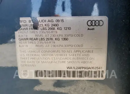 AUDI Q5 PREMIUM 2016 vin WA1L2AFP6GA052541 from auto auction Copart