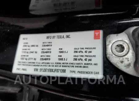 TESLA MODEL 3 2018 vin 5YJ3E1EBXJF071398 from auto auction Copart