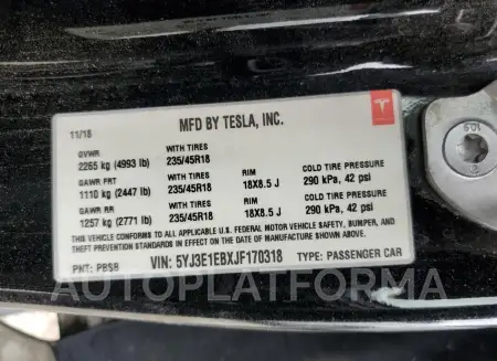 TESLA MODEL 3 2018 vin 5YJ3E1EBXJF170318 from auto auction Copart