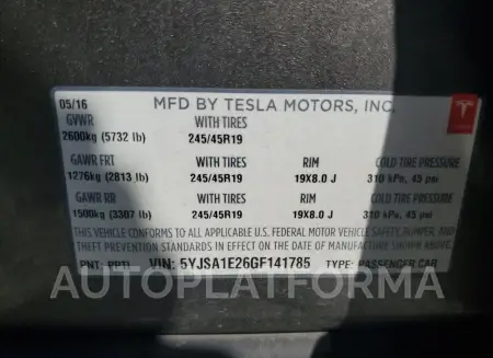 TESLA MODEL S 2016 vin 5YJSA1E26GF141785 from auto auction Copart