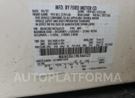 FORD ECOSPORT S 2022 vin MAJ6S3GL1NC466523 from auto auction Copart