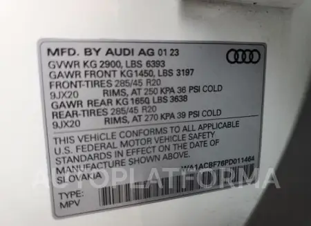 AUDI Q7 PREMIUM 2023 vin WA1ACBF76PD011464 from auto auction Copart