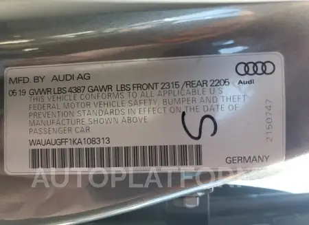 AUDI A3 PREMIUM 2019 vin WAUAUGFF1KA108313 from auto auction Copart