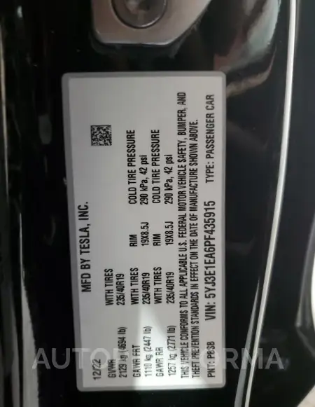 TESLA MODEL 3 2023 vin 5YJ3E1EA6PF435915 from auto auction Copart