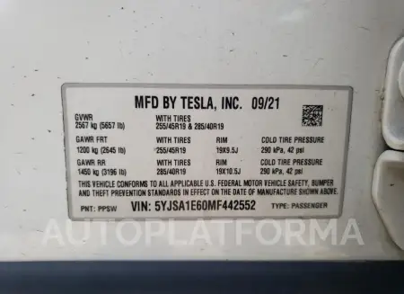 TESLA MODEL S 2021 vin 5YJSA1E60MF442552 from auto auction Copart