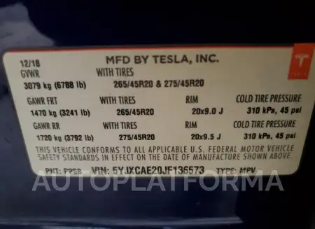 TESLA MODEL X 2018 vin 5YJXCAE20JF136573 from auto auction Copart