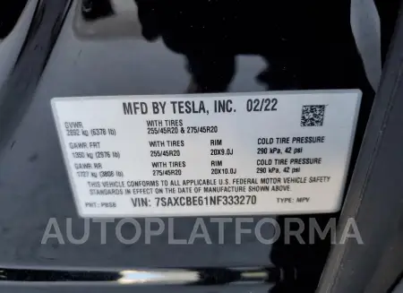 TESLA MODEL X 2022 vin 7SAXCBE61NF333270 from auto auction Copart