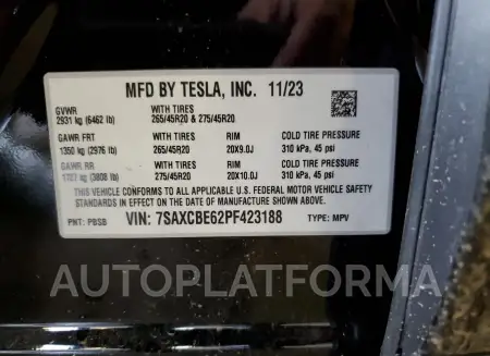 TESLA MODEL X 2023 vin 7SAXCBE62PF423188 from auto auction Copart