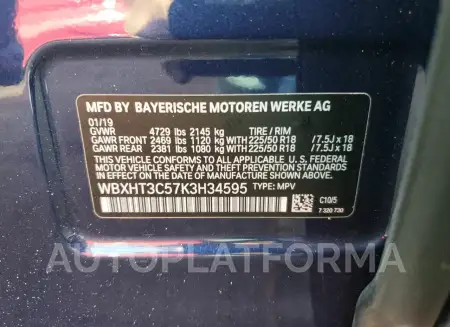 BMW X1 XDRIVE2 2019 vin WBXHT3C57K3H34595 from auto auction Copart