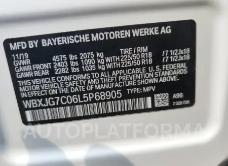 BMW X1 SDRIVE2 2020 vin WBXJG7C06L5P68905 from auto auction Copart