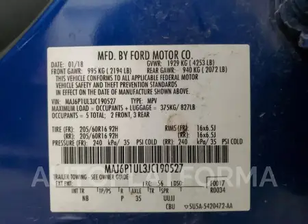 FORD ECOSPORT S 2018 vin MAJ6P1UL3JC190527 from auto auction Copart