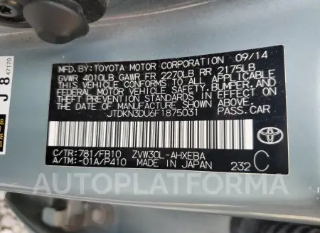 TOYOTA PRIUS 2015 vin JTDKN3DU6F1875031 from auto auction Copart