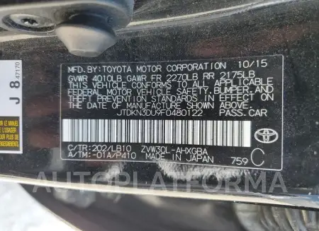 TOYOTA PRIUS 2015 vin JTDKN3DU9F0480122 from auto auction Copart