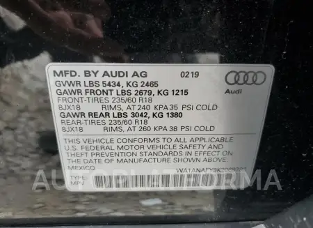 AUDI Q5 PREMIUM 2019 vin WA1ANAFY3K2069792 from auto auction Copart