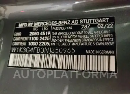 MERCEDES-BENZ A 220 4MAT 2022 vin W1K3G4FB3NJ350965 from auto auction Copart