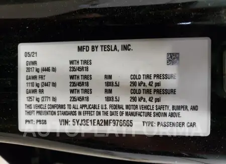 TESLA MODEL 3 2021 vin 5YJ3E1EA2MF976665 from auto auction Copart