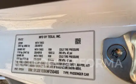 TESLA MODEL 3 2022 vin 5YJ3E1EBXNF250465 from auto auction Copart