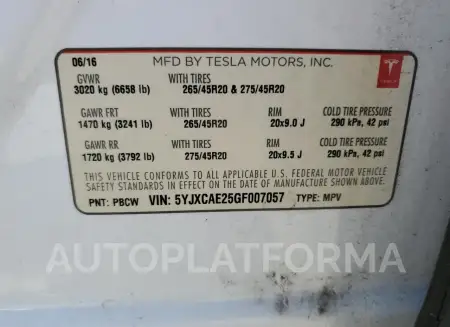 TESLA MODEL X 2016 vin 5YJXCAE25GF007057 from auto auction Copart