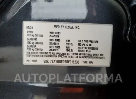 TESLA MODEL Y 2024 vin 7SAYGDED7RF018238 from auto auction Copart