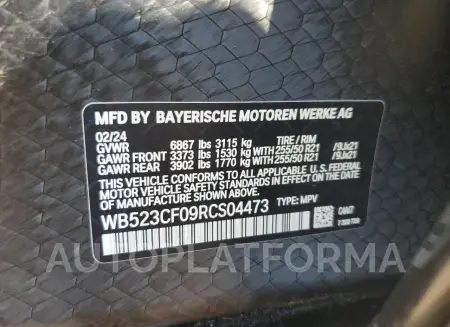 BMW IX XDRIVE5 2024 vin WB523CF09RCS04473 from auto auction Copart