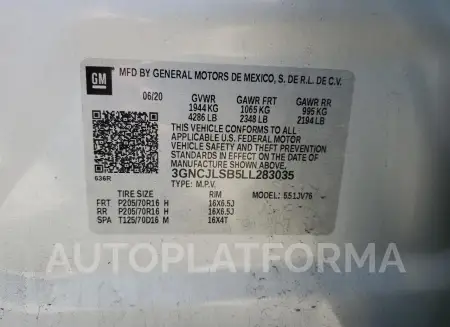 CHEVROLET TRAX 1LT 2020 vin 3GNCJLSB5LL283035 from auto auction Copart