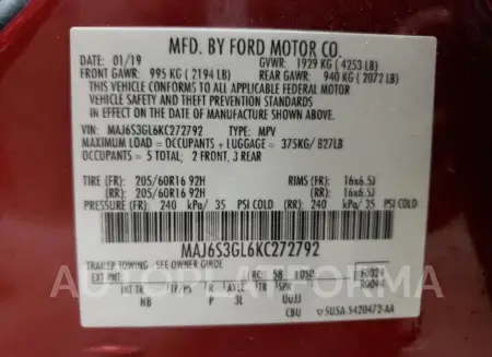 FORD ECOSPORT S 2019 vin MAJ6S3GL6KC272792 from auto auction Copart